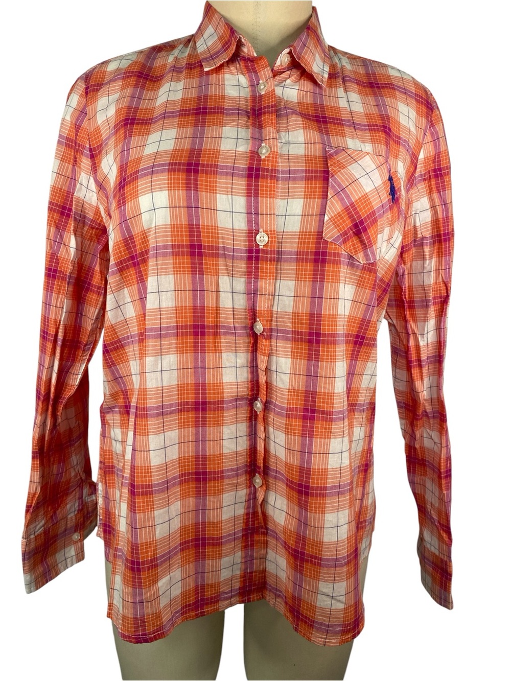 U.S. Polo Assn Orange, Pink & White Plaid Button-Down Shirt Women’s XL